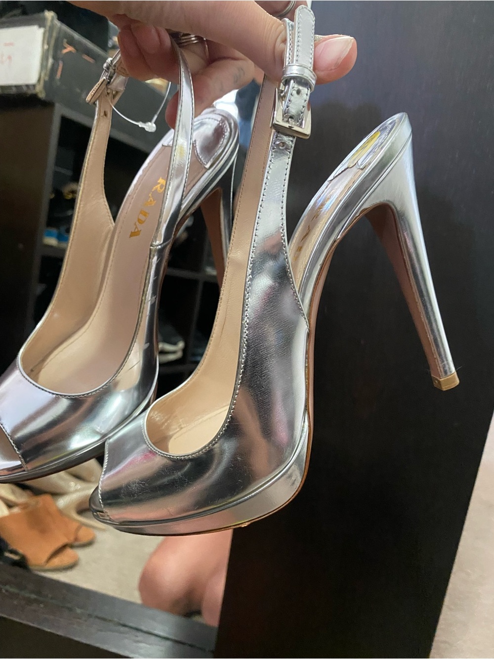 Prada Metallic Silver Peep-Toe Slingback Heels - Picture 2 of 9